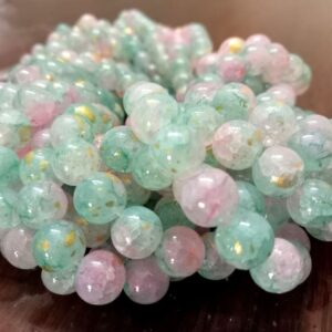 8crazy0001- 1 STRAND OF LIGHT GREEN- PINK DUAL TONE 8MM ROUND CRAZY GLASS BEADS