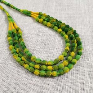 3LDORI28- ARNAS 1 PC PACK OF THREE LAYER FABRIC AND BEADS GREEN-YELLOW TASSEL | DORI FOR JEWELLERY MAKING
