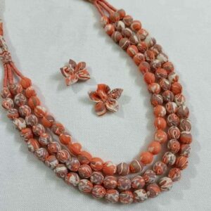 3LDORI29- ARNAS 1 PC PACK OF THREE LAYER FABRIC AND BEADS PRINTED PEACH TASSEL WITH 2PCS FABRIC FLOWER