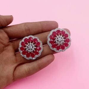 KUNDAN0009- ARNAS RUBI RED AMERICAN DIAMOND SILVER PLATED PENDANT AND EARRINGS COMBO PACK