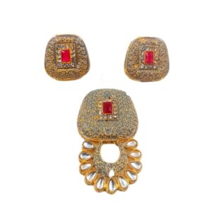 KUNDAN0016- ARNAS RUBI RED & GRAY GOLDEN PLATED KUNDAN PENDANT & EARRINGS COMBO PACK FOR JEWELLERY MAKING
