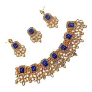 KUNDAN0021- ARNAS BLUE STONE GOLDEN PLATED KUNDAN CHOKER NECKLACE AND EARRINGS COMBO PACK FOR HEAVY NECKLACE MAKING
