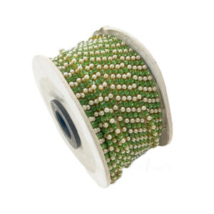 STONECHAIN010- 5 MTR PACK OF GOLD PLATED GREEN STONE PEARL CHAIN FOR JEWELLERY MAKING AND DECORATION