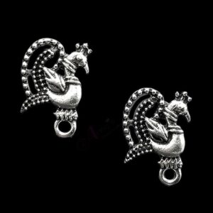 TOPs0015- 5 PAIRS PACK OF GERMAN SILVER | OXIDIZED PEACOCK MOTIF SILVER SINGLE LOOP STUD TOP FOR EARRING MAKING