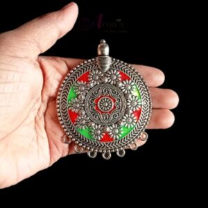 MEENAP0002- ARNAS 1 PC PACK OF RED GREEN MEENAKARI SILVER BASED BIG OXIDIZED PENDANT