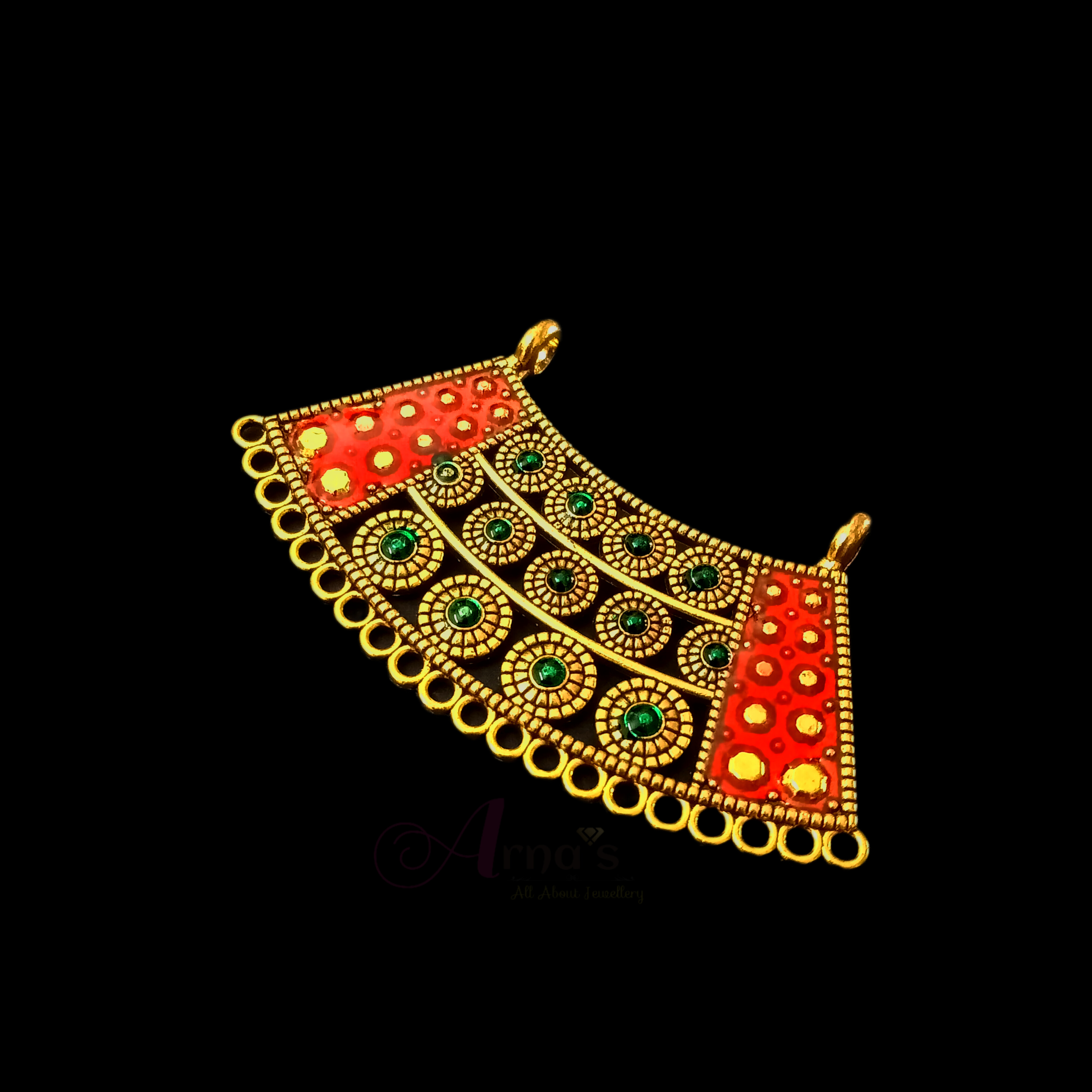MEENAP0040- ARNAS 1 PC PACK OF RED GREEN MEENAKARI GOLDEN BASED OXIDIZED PENDANT