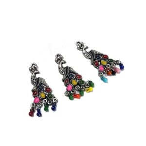 MEENAP0053- ARNAS 4 PCs PACK OF MULTICOLORED MEENAKARI PEACOCK MOTIF SILVER PALTED OXIDIZED PENDANT