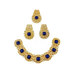 KUNDAN0025- ARNAS NAVY BLUE STONE GOLD PLATED KUNDAN CHOKER NECKLACE AND EARRINGS COMBO PACK FOR HEAVY NECKLACE MAKING