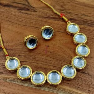 ARNAS WHITE TRANSPARENT STONE GOLD PLATED ROUND MOTIF KUNDAN CHOKER NECKLACE AND EARRINGS COMBO PACK FOR NECKLACE MAKING