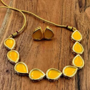 KUNDAN0027- ARNAS YELLOW STONE GOLD PLATED KUNDAN CHOKER NECKLACE AND EARRINGS COMBO PACK FOR NECKLACE MAKING