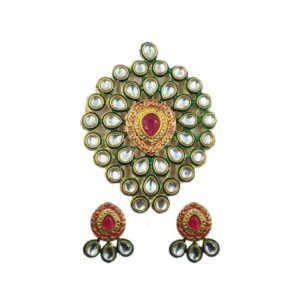 KUNDANP0030 - ARNAS PINK, GREEN COLOR GOLDEN PLATED KUNDAN NECKLACE AND EARRINGS COMBO PACK FOR HEAVY NECKLACE MAKING