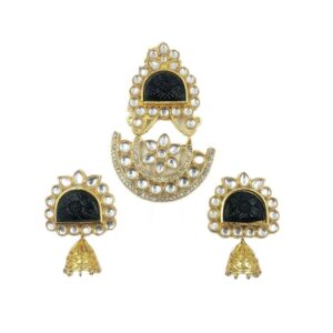 KUNDANP0037- ARNAS GOLD PLATED WITH BLACK STONE KUNDAN PENDENT AND EARRINGS COMBO PACK FOR HEAVY NECKLACE MAKING