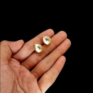 KUNDANSTUD0002 - ARNAS 1 PAIR 11 X 9 MM GOLD PLATED WHITE STONE DROP MOTIF KUNDAN STUD FOR EAR RING MAKING