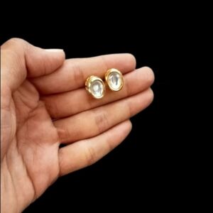 KUNDANSTUD0004 - ARNAS 1 PAIR 13 X 10 MM GOLD PLATED WHITE STONE OVAL MOTIF KUNDAN STUD FOR EAR RING MAKING