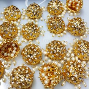 KUNDANJ0001 - ARNAS 1 PAIR PACK OF GOLDEN KUNDAN JHUMKA WITH LOOK ALIKE PEARL FOR JEWELLERY | EAR RING MAKING