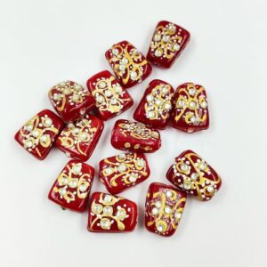 KUNDAN0205 – ARNAS 4 PCs 17 X 14 MM RED HANDPAINTED KUNDAN WORK TUMBLE BEADS