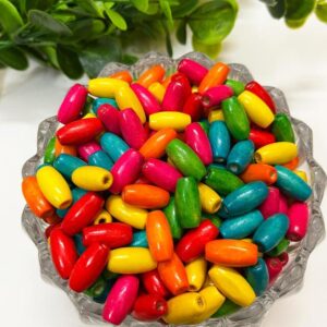 WOODEN0038- 25GM PACK OF 15MM X 7MM OVAL SHAPE MULTICOLOR WOODEN BEADS FOR BRACELETE | RAKHI MAKING (APPROX 85PCS))