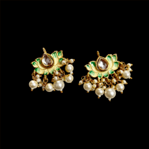 KUNDAN0017 – ARNAS 1 PAIR OF CREAM&GREEN LOTUS MOTIF KUNDAN BEADS WITH LOOK ALIKE PEARL FOR JEWELLERY | BRACELETE | RAKHI MAKING