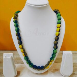 1LDORI11- ARNAS 1 PC PACK OF SINGLE LAYER FABRIC AND BEADS GREEN-YELLOW-BROWN PRINTED TASSEL | DORI FOR JEWELLERY MAKING