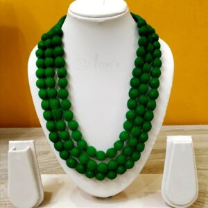 3LDORI03- ARNAS 1 PC PACK OF THREE LAYER FABRIC AND BEADS DARK GREEN TASSEL | DORI FOR JEWELLERY MAKING