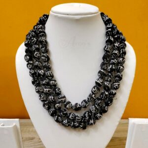 3LDORI09- ARNAS 1 PC PACK OF THREE LAYER FABRIC AND BEADS BLACK-WHITE SCRIPTING TASSEL | DORI FOR JEWELLERY MAKING