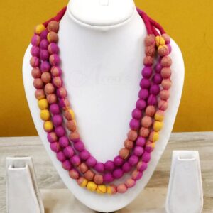 3LDORI34- ARNAS 1 PC PACK OF THREE LAYER FABRIC AND BEADS PINK YELLOW TASSEL | DORI FOR JEWELLERY MAKING