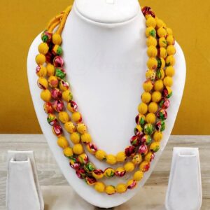 3LDORI35- ARNAS 1 PC PACK OF THREE LAYER FABRIC AND BEADS YELLOW PRINTED TASSEL | DORI FOR JEWELLERY MAKING