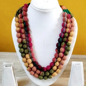 3LDORI37- ARNAS 1 PC PACK OF THREE LAYER FABRIC AND BEADS GREEN-YELLOW-PINK TASSEL | DORI FOR JEWELLERY MAKING