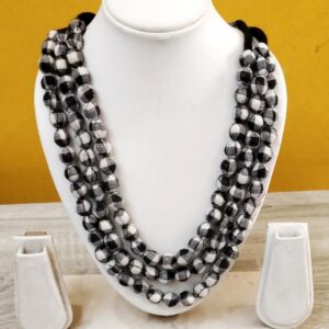 3LDORI40- ARNAS 1 PC PACK OF THREE LAYER FABRIC AND BEADS BLACK-WHITE SMALL CHECKS TASSEL | DORI FOR JEWELLERY MAKING