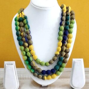 3LDORI43- ARNAS 1 PC PACK OF THREE LAYER FABRIC AND BEADS BLUE-GREEN-YELLOW TASSEL | DORI FOR JEWELLERY MAKING