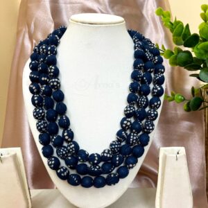 3LDORI44- ARNAS 1 PC PACK OF THREE LAYER FABRIC AND BEADS NAVY BLUE PRINTED TASSEL | DORI FOR JEWELLERY MAKING