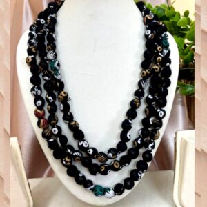 3LDORI46- ARNAS 1 PC PACK OF THREE LAYER FABRIC AND BEADS BLACK PRINTED TASSEL | DORI FOR JEWELLERY MAKING