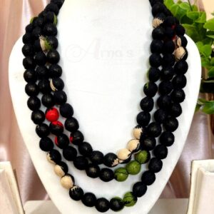 3LDORI48- ARNAS 1 PC PACK OF THREE LAYER FABRIC AND BEADS BLACK PRINTED TASSEL | DORI FOR JEWELLERY MAKING